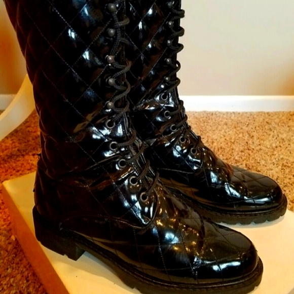 Nouchka Black Patent leather quilted Combat Boots. - Picture 3 of 10